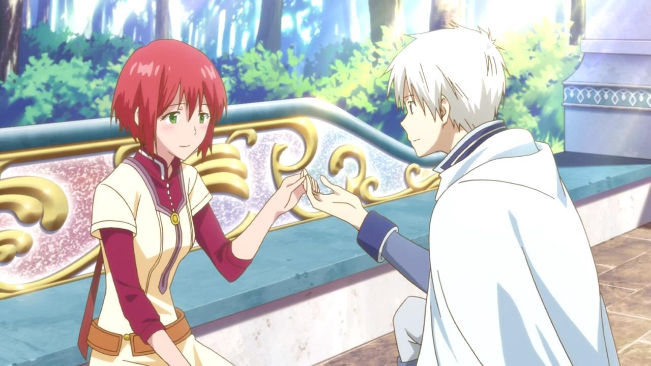 Shirayuki and Zen sharing a romantic moment in a peaceful royal garden from Akagami no Shirayuki-hime