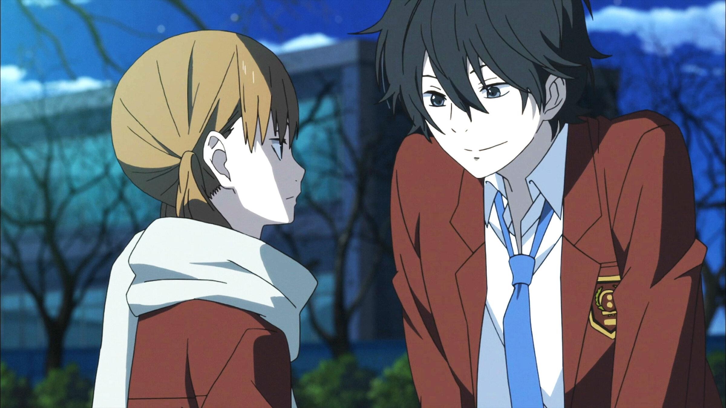 My Little Monster anime scene with Shizuku and Haru looking at each other under soft lighting, similar to The Fragrant Flower Blooms with Dignity