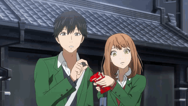Orange anime characters sharing an emotional high school moment