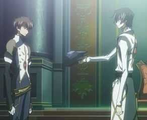 Lelouch hands Suzaku the mask of Zero in Code Geass R2.