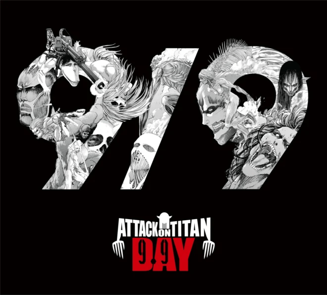 All Nine Titans arranged in a 9/9 silhouette for Attack on Titan Day