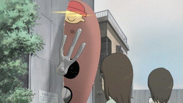 Dennou Coil anime scene with kids using AR glasses in Daikoku city