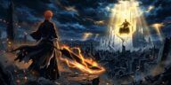Ichigo with Tensa Zangetsu facing Yhwach on his throne — Bleach Thousand-Year Blood War The Calamity finale