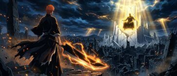 Ichigo with Tensa Zangetsu facing Yhwach on his throne — Bleach Thousand-Year Blood War The Calamity finale